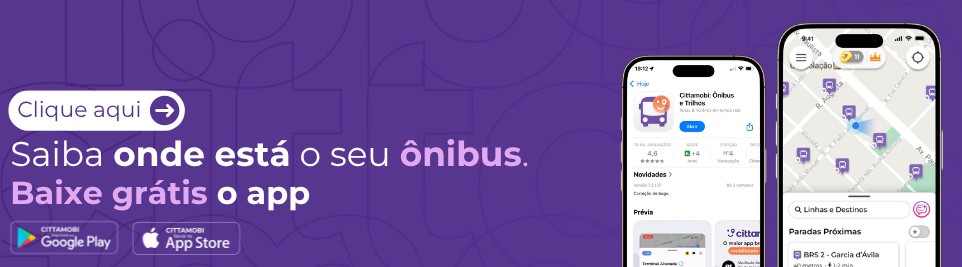 Clique aqui e baixe grátis o app Cittamobi: saiba onde está o seu ônibus. Disponível no Google Play e na App Store.