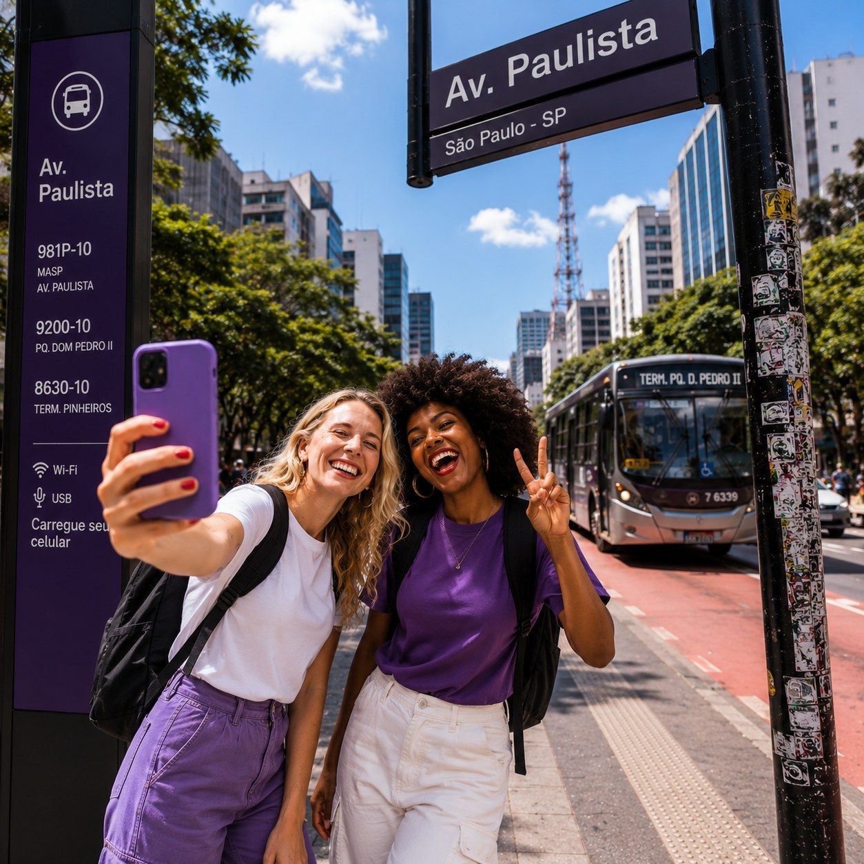 Pessoa consulta o celular em uma rua de São Paulo enquanto um ônibus passa ao fundo