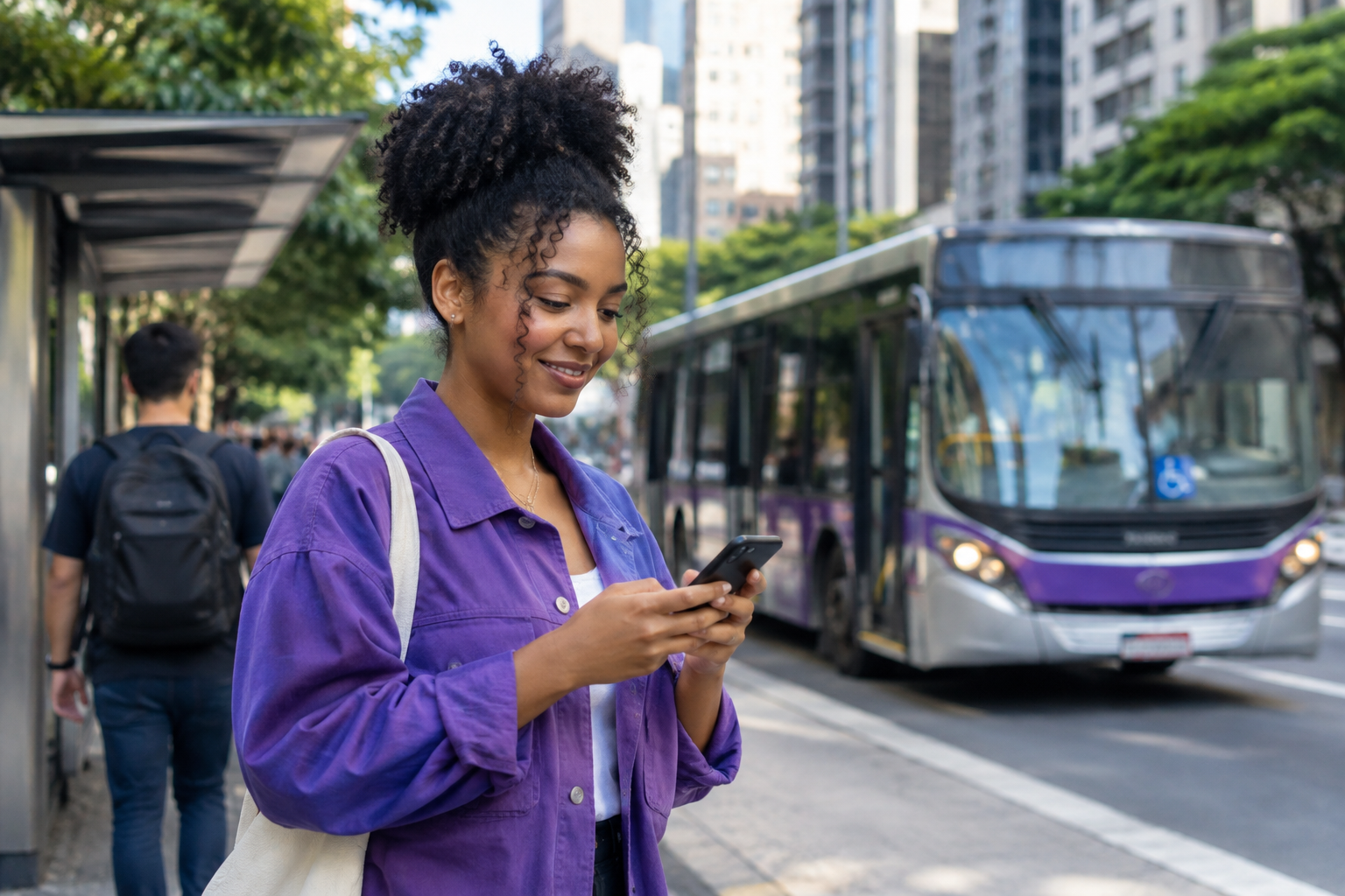 Passageira consulta o celular perto de um ônibus em São Paulo