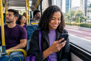 Cena fotográfica real dentro de um ônibus de São Paulo, com passageiros brasileiros sentados e uma pessoa consultando o celular durante o trajeto, em clima positivo; tela sem conteúdo visível.