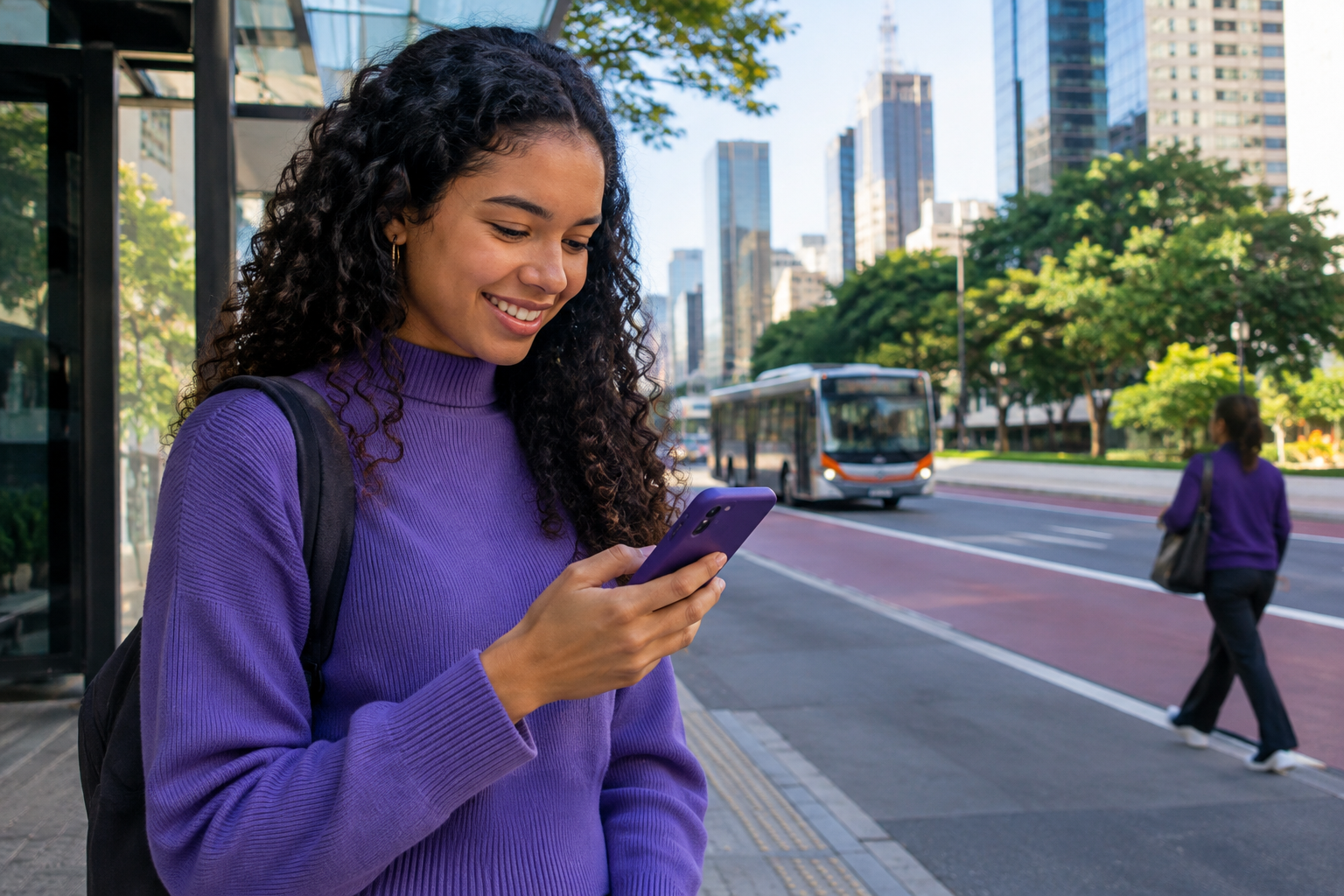 Pessoa consulta o trajeto no celular em um ponto de ônibus
