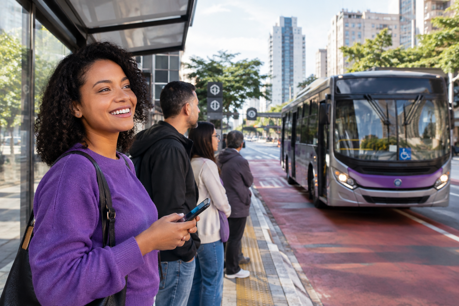 Passageiros aguardam em ponto de ônibus com veículo se aproximando na região do Metrô Bresser