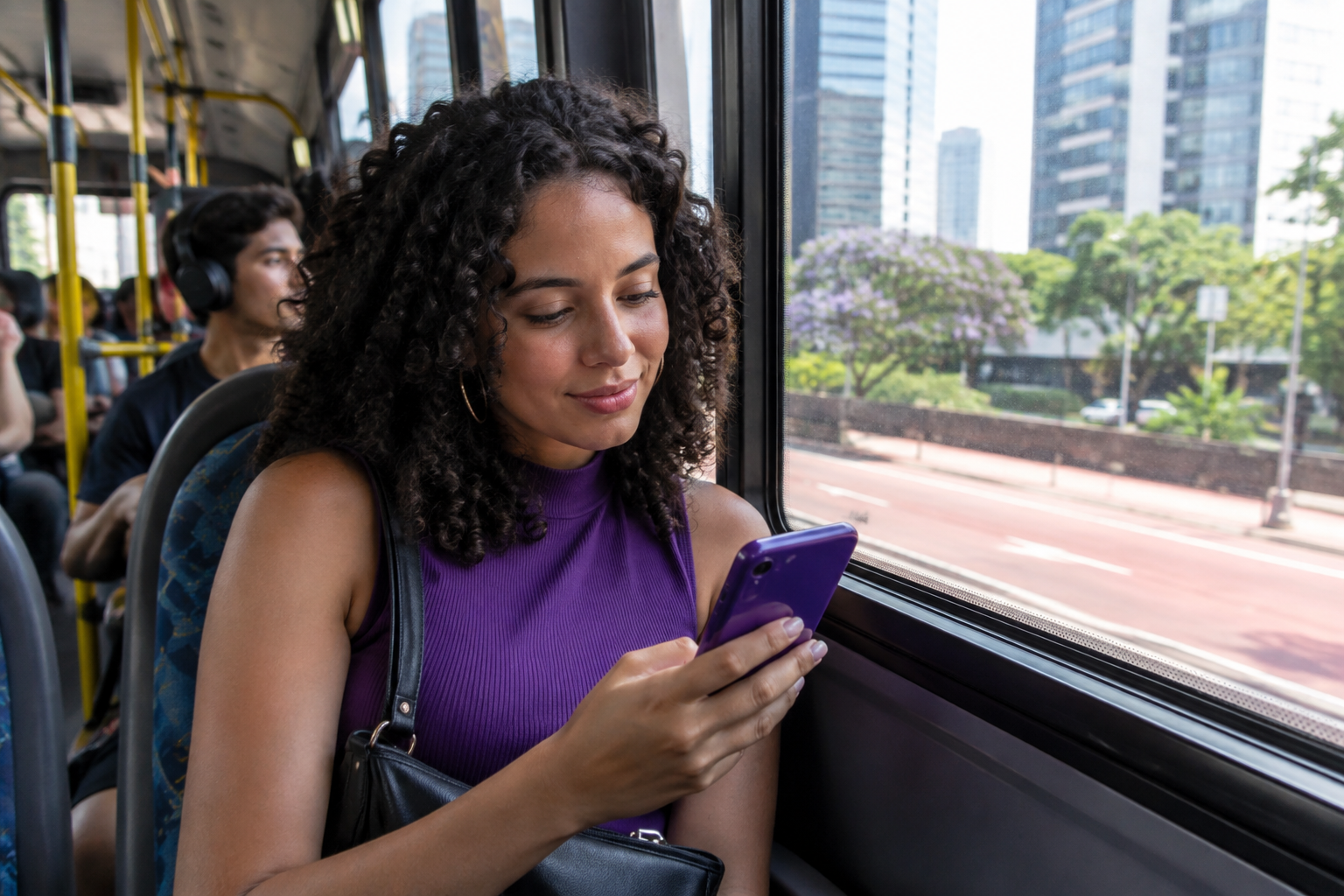 Passageira consulta o celular durante viagem de ônibus em São Paulo