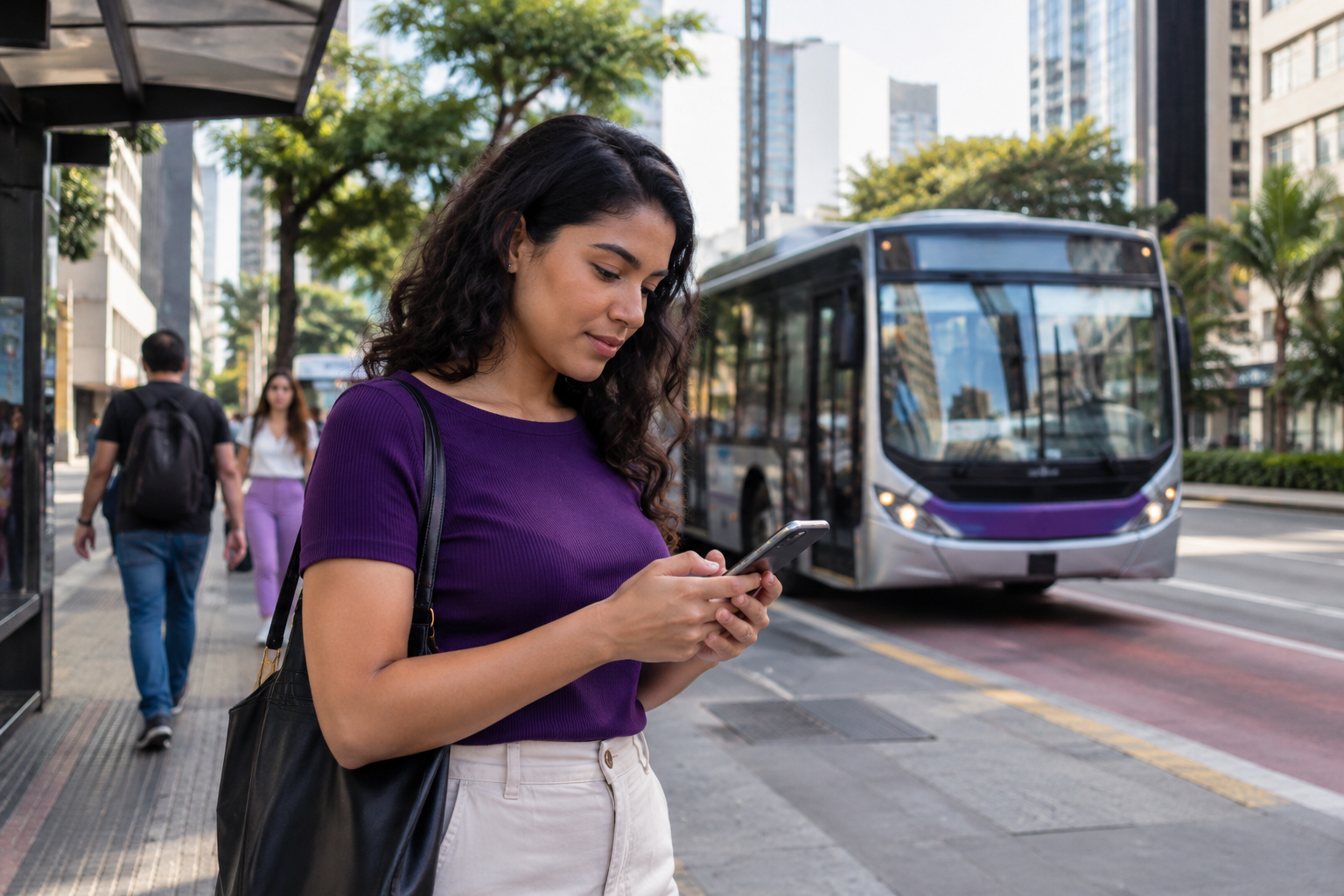 Passageira consulta o celular na rua enquanto um ônibus passa ao fundo