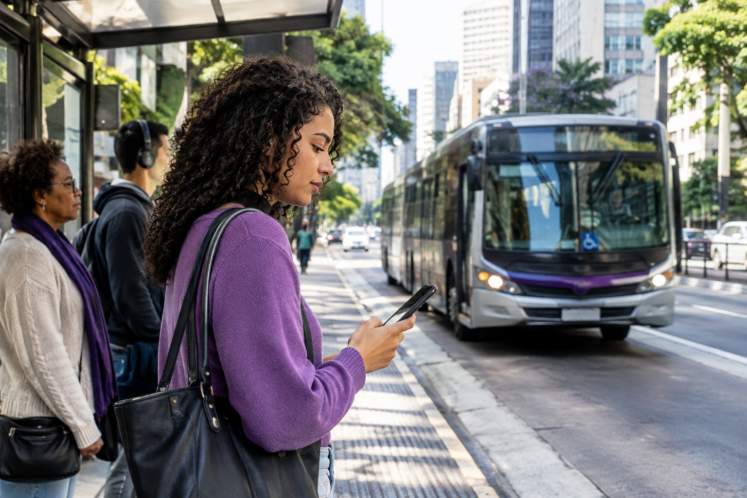 Pessoas aguardam no ponto enquanto um ônibus chega e uma delas consulta o celular