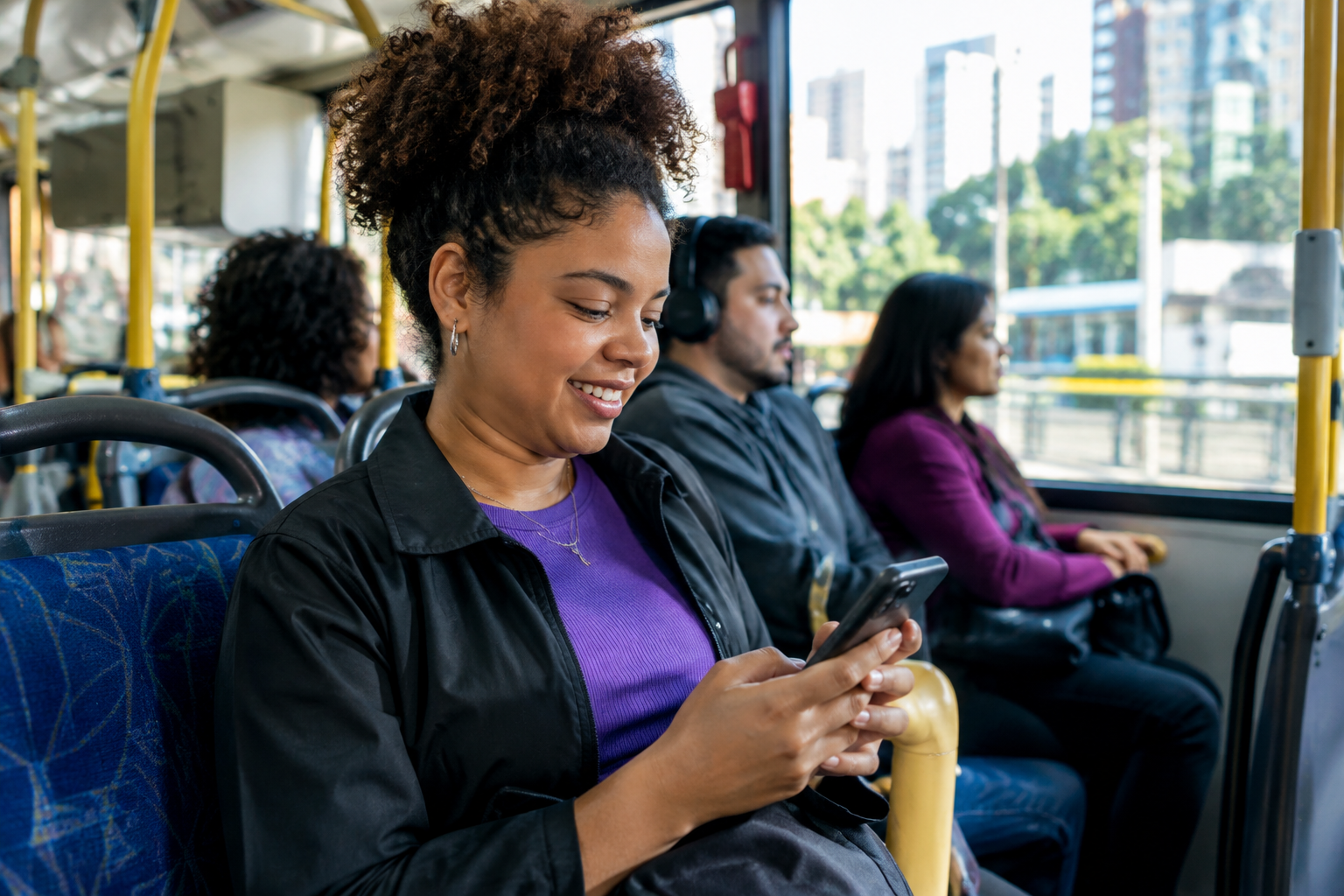 Passageira acompanha a viagem dentro de um ônibus em São Paulo