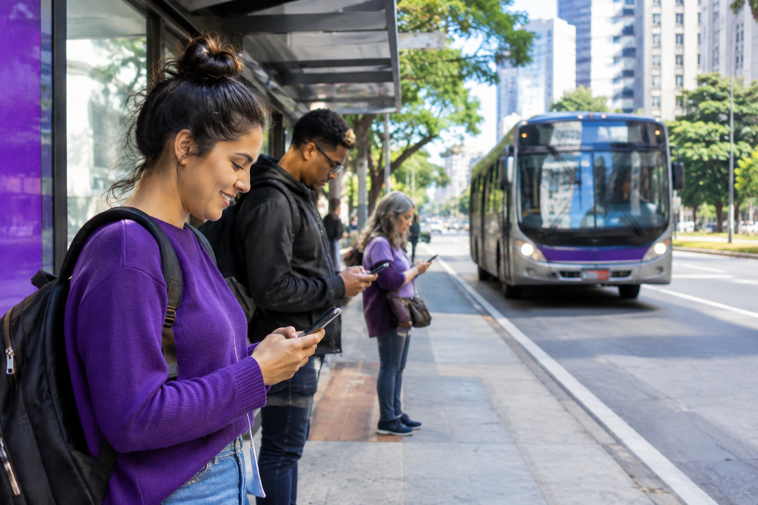 Passageiros consultam o celular em um ponto de São Paulo com ônibus se aproximando