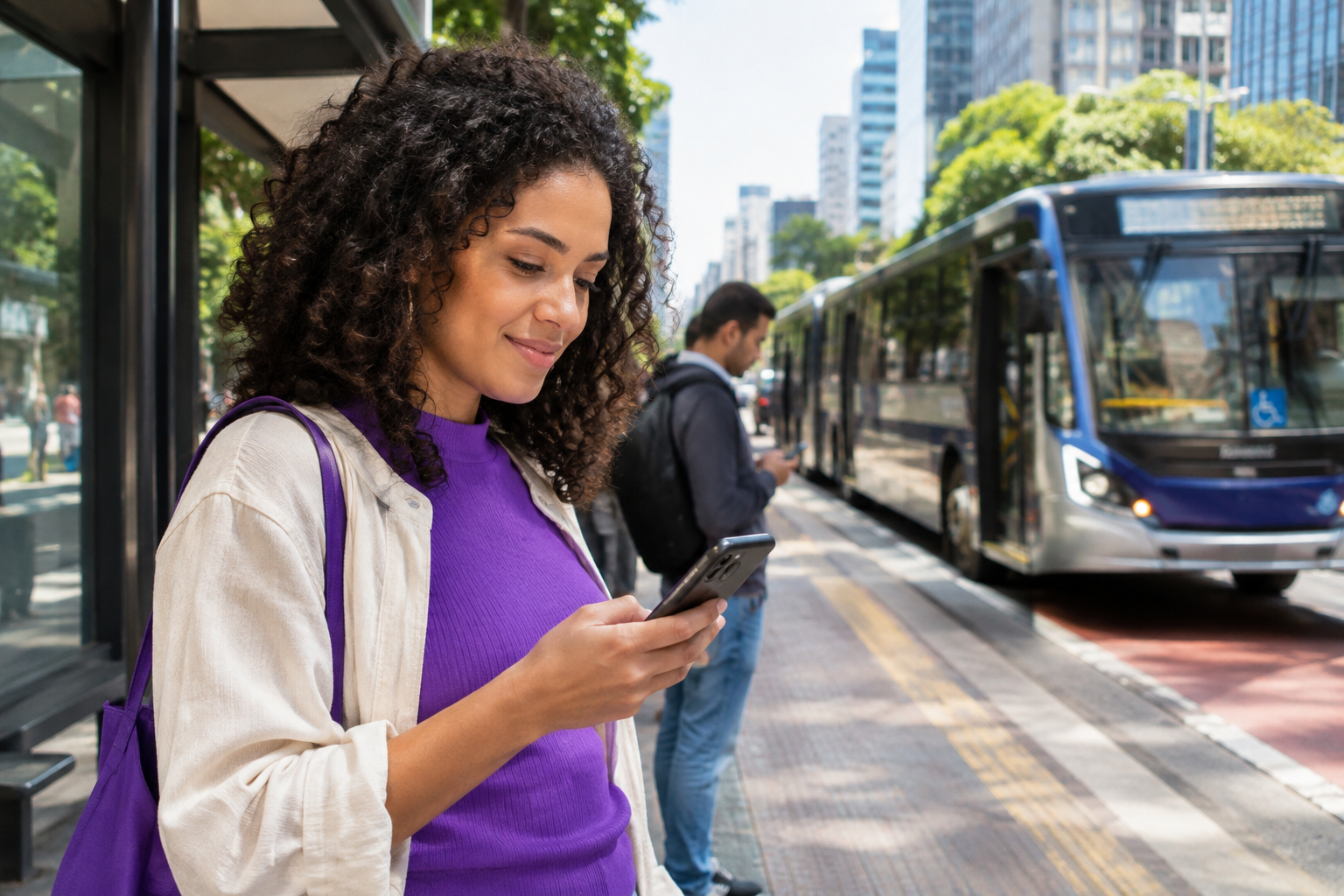 Passageira consulta o celular perto de um ônibus em São Paulo
