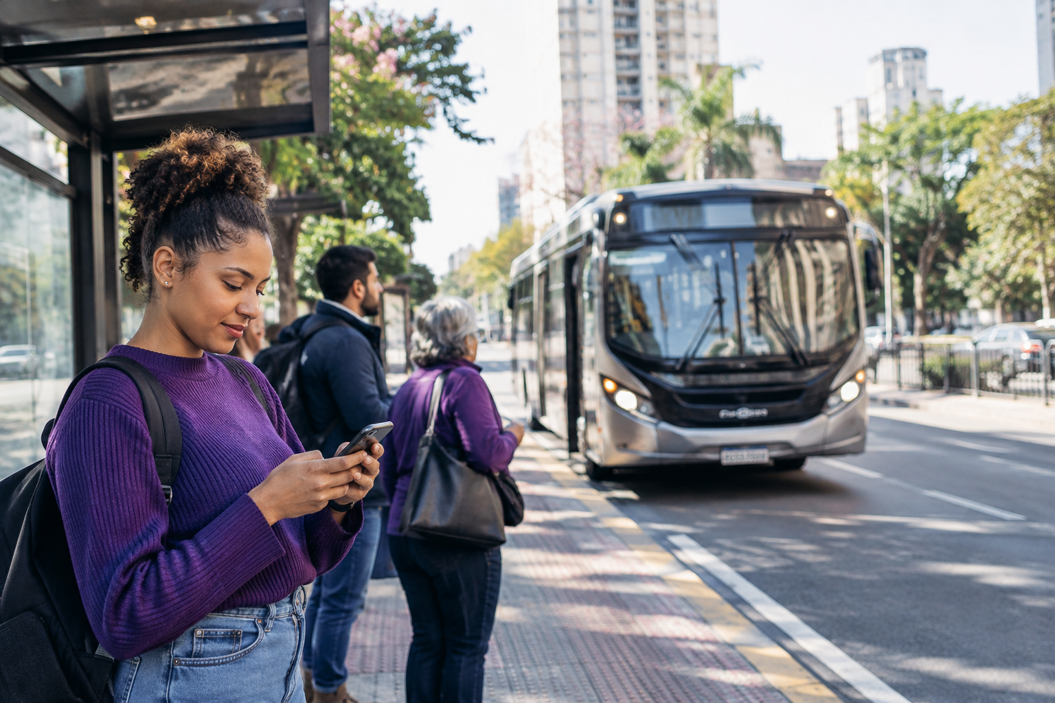 Passageiros no ponto consultam o celular enquanto um ônibus se aproxima