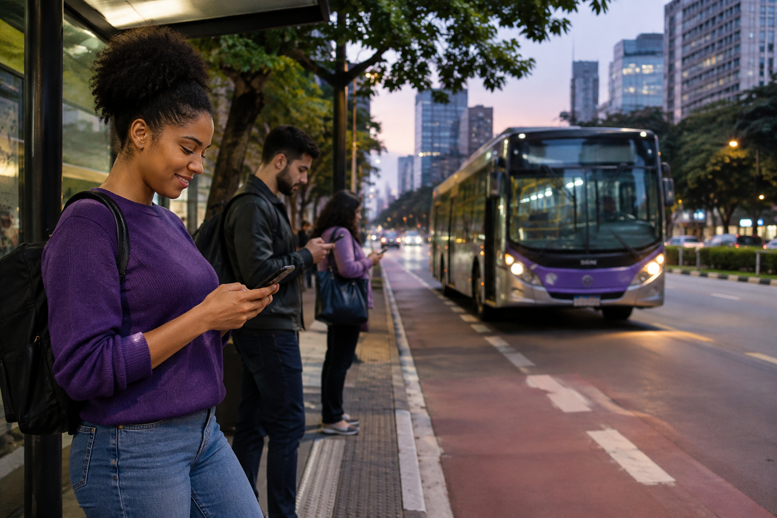 Passageiros consultam o celular no ponto enquanto um ônibus se aproxima à noite