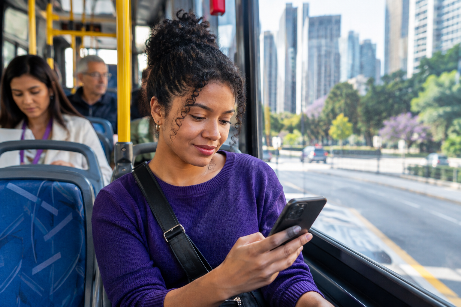 Passageira acompanha o trajeto pelo celular dentro do ônibus