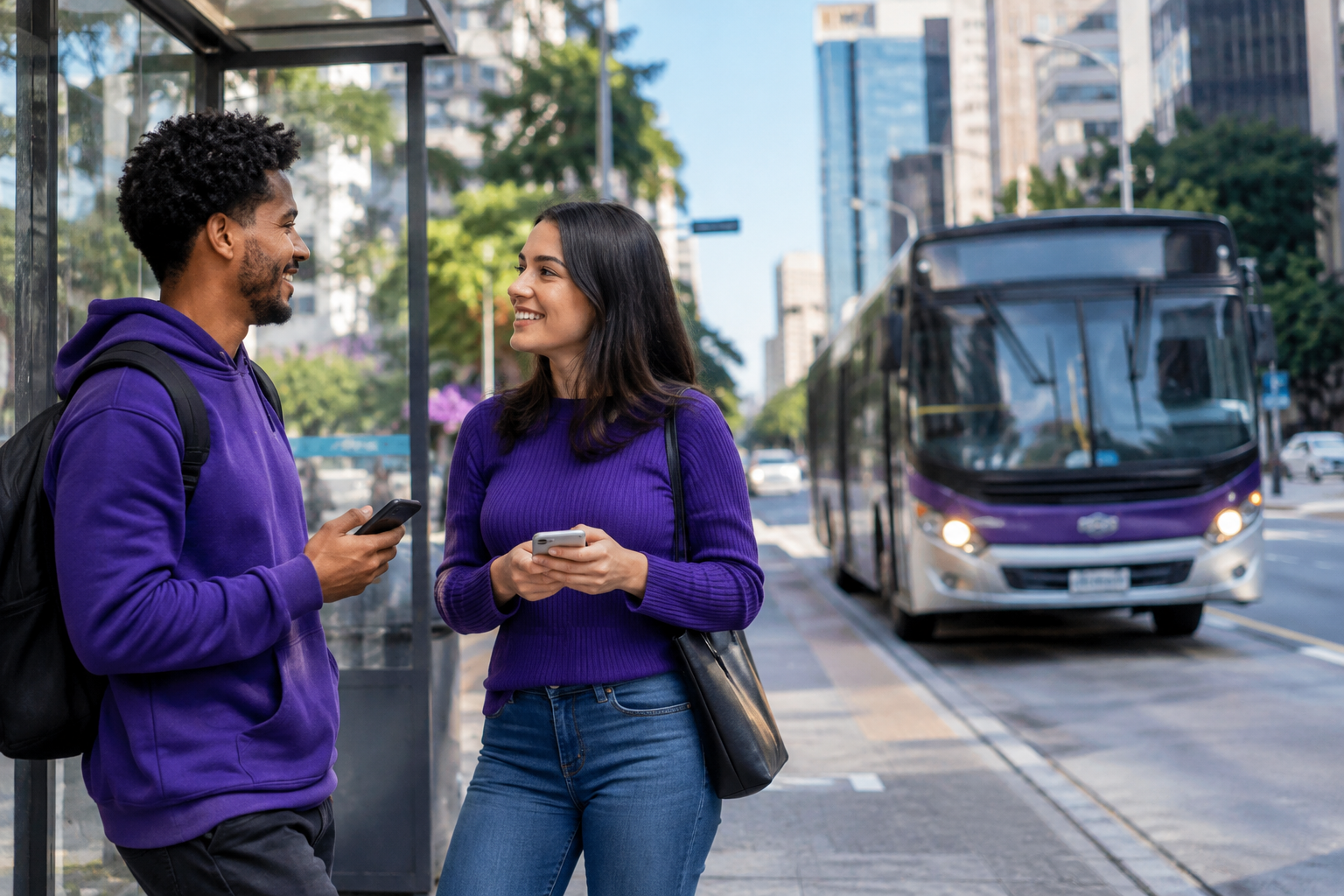 Pessoas aguardam em um ponto enquanto um ônibus se aproxima em São Paulo