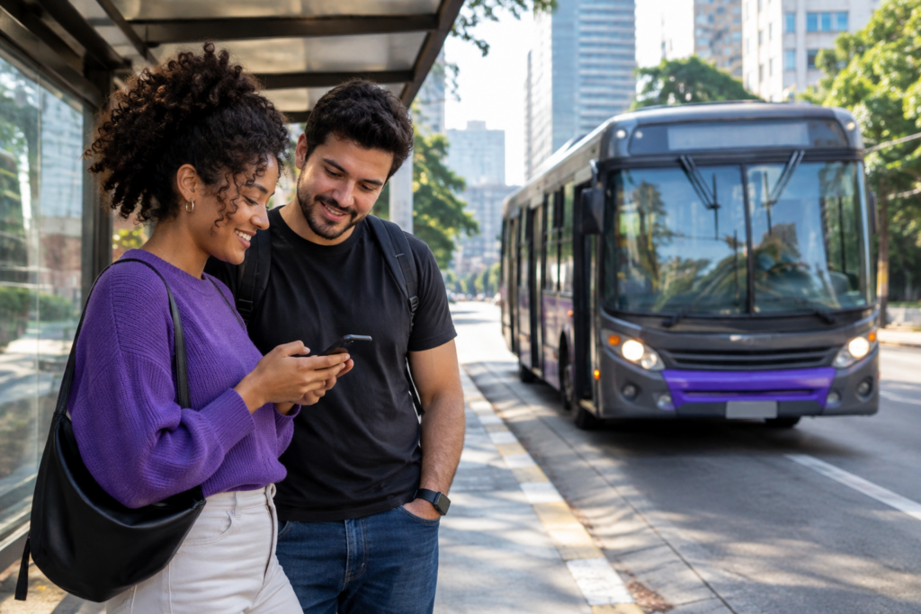 Cena fotográfica real em um ponto de ônibus de São Paulo: duas pessoas brasileiras consultam o celular enquanto um ônibus se aproxima, em um momento tranquilo de deslocamento.