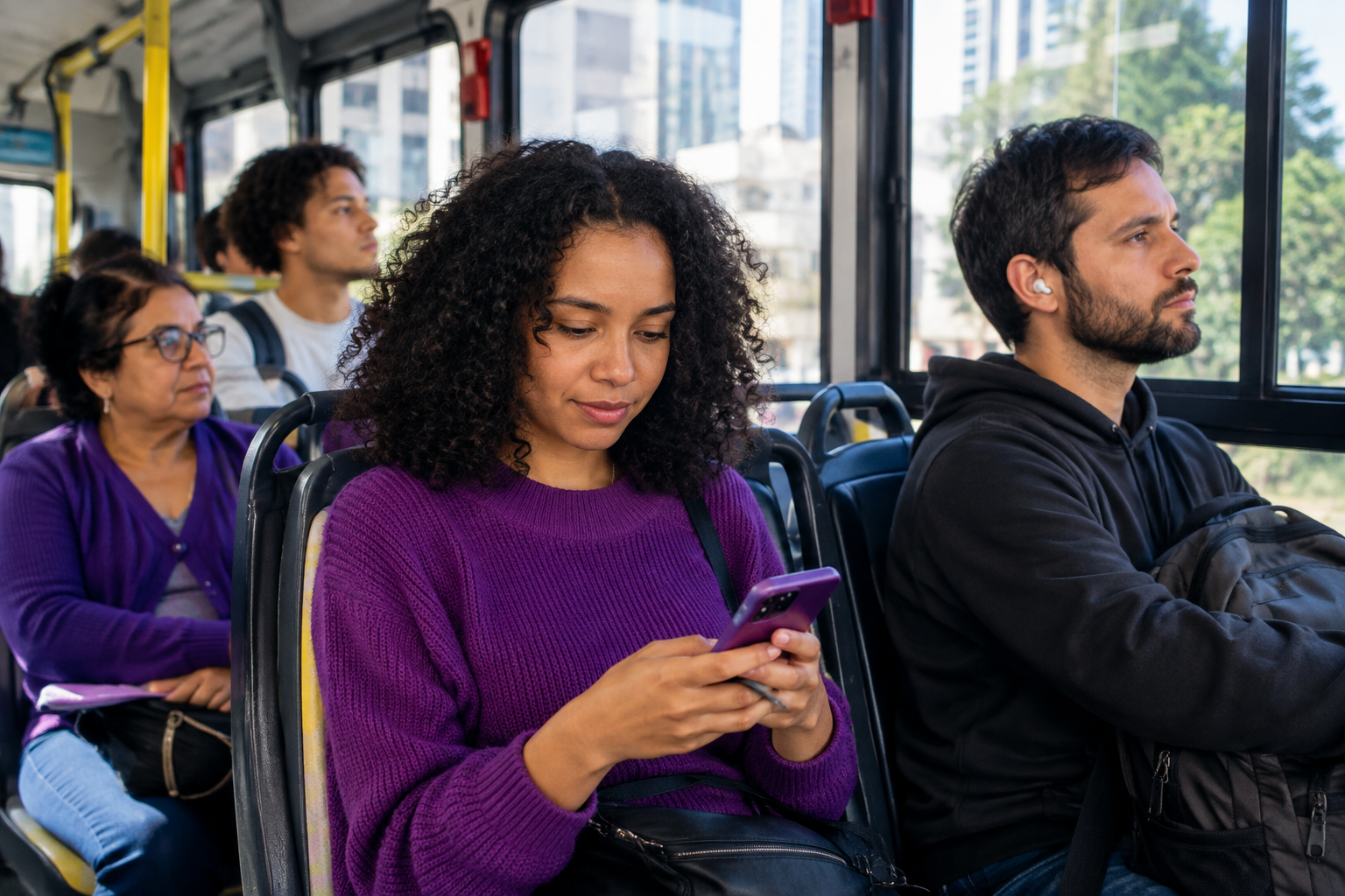 Passageira consulta o celular durante a viagem de ônibus