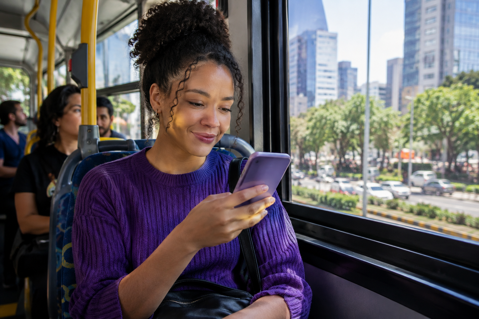 Passageira acompanha a viagem pelo celular dentro de um ônibus