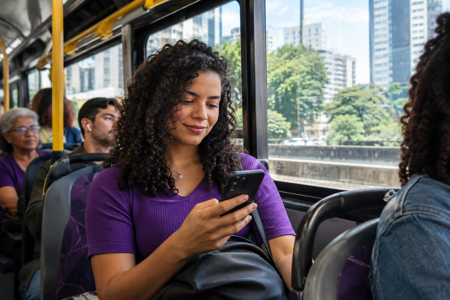 Passageira consulta o celular durante viagem de ônibus em São Paulo