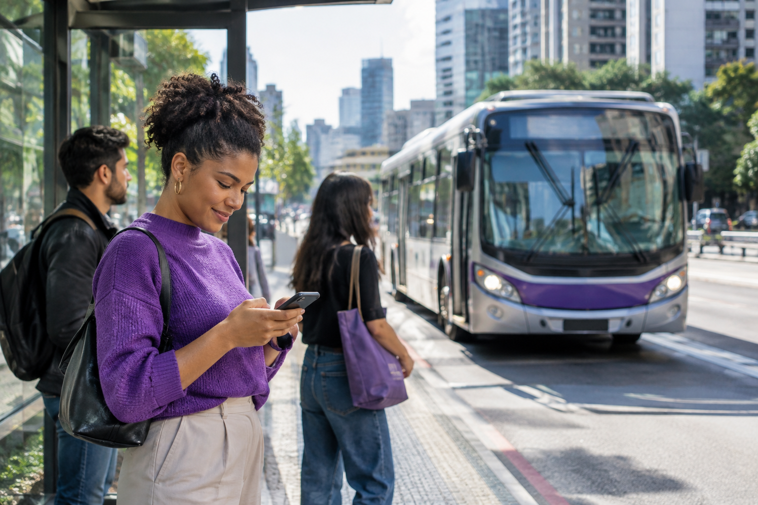 Passageiros consultam o celular no ponto enquanto um ônibus se aproxima