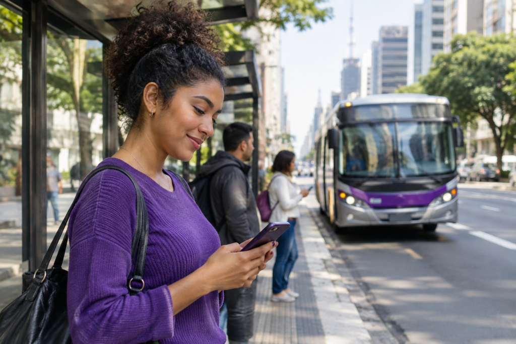 Cena fotográfica real de uma pessoa brasileira consultando o celular em um ponto de ônibus de São Paulo, com um ônibus chegando ao fundo, em um dia claro.