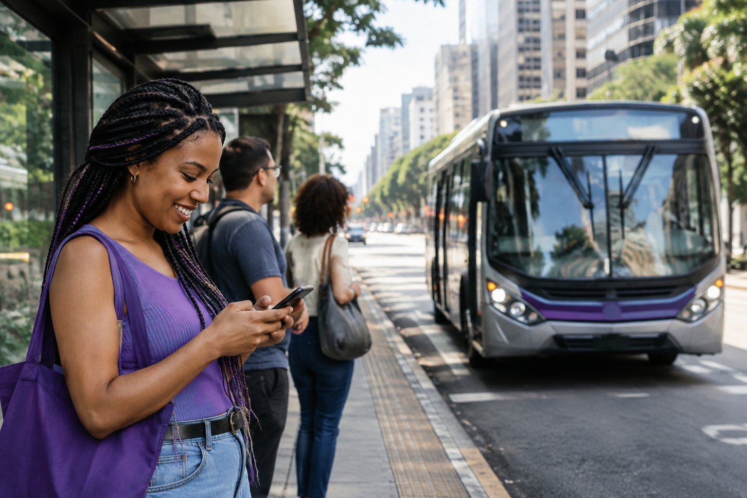 Passageiros consultam o celular no ponto enquanto um ônibus se aproxima
