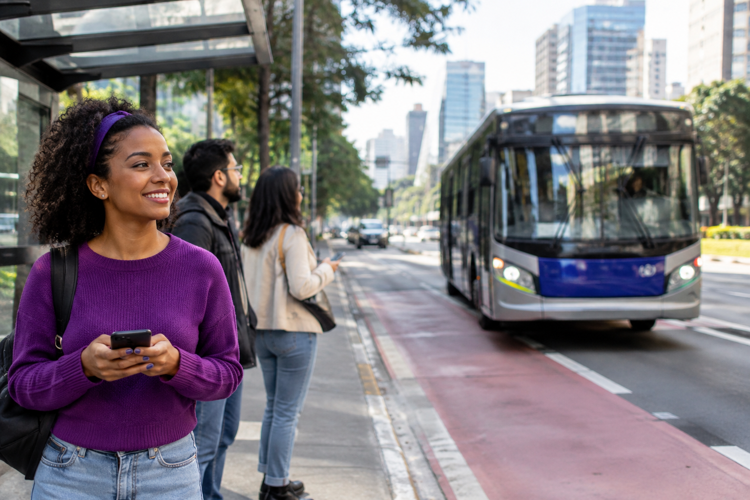 Pessoas aguardam em um ponto enquanto um ônibus se aproxima