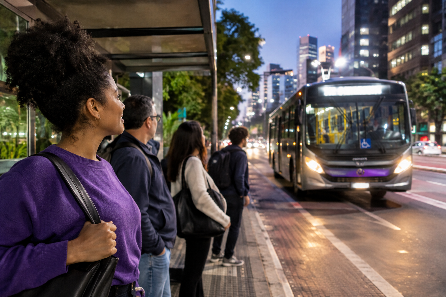 Passageiros aguardam a chegada de um ônibus em um ponto à noite