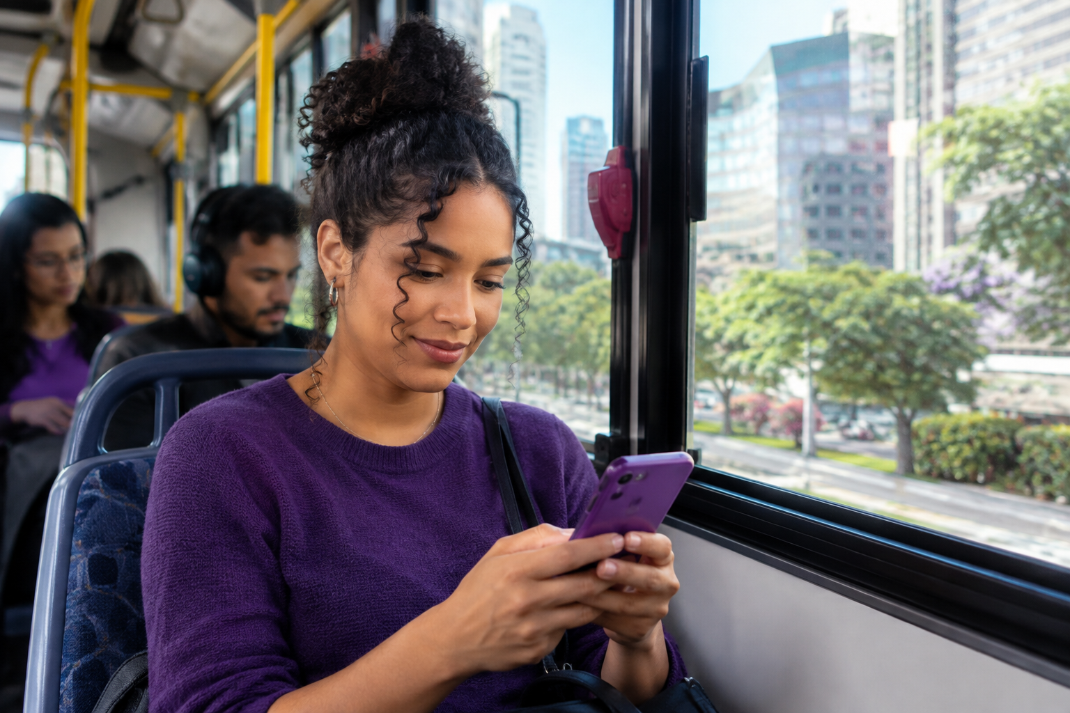 Passageira consulta o celular durante uma viagem de ônibus