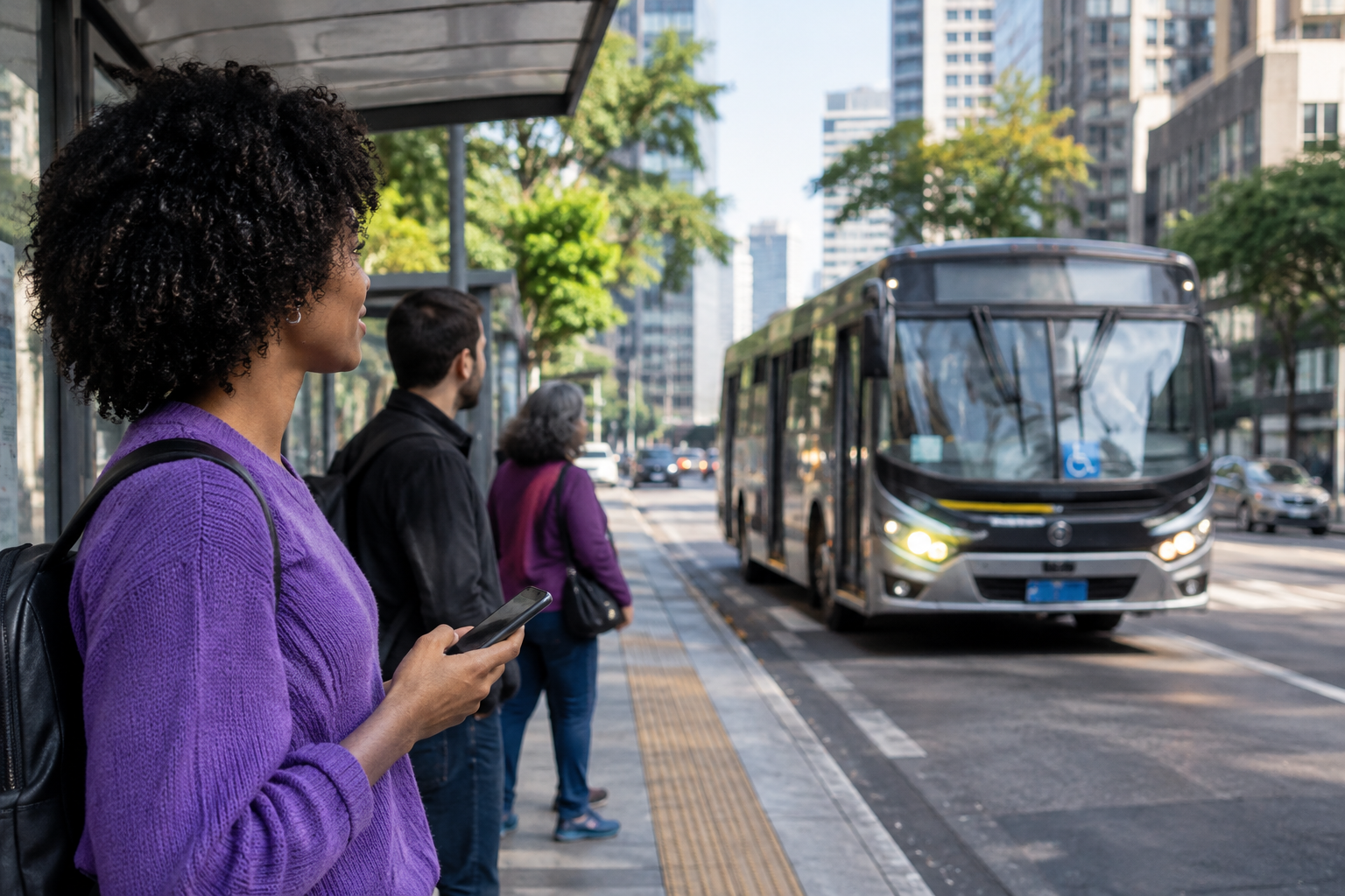 Passageiros aguardam ônibus em um ponto de São Paulo